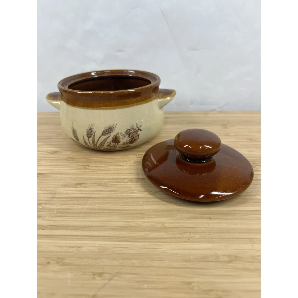 Vintage Stoneware Casserole Dish w Lid Wheat Floral Oven‎ Proof Japan